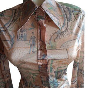 Vintage Small Huk-a-Poo Button-Up Disco Shirt With Victorian Abstract Pattern